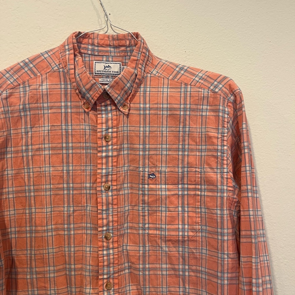 Southern Tide Long Sleeve Men’s Button Down Pink Plaid Linen Blend Trim Fit EUC - Picture 3 of 5